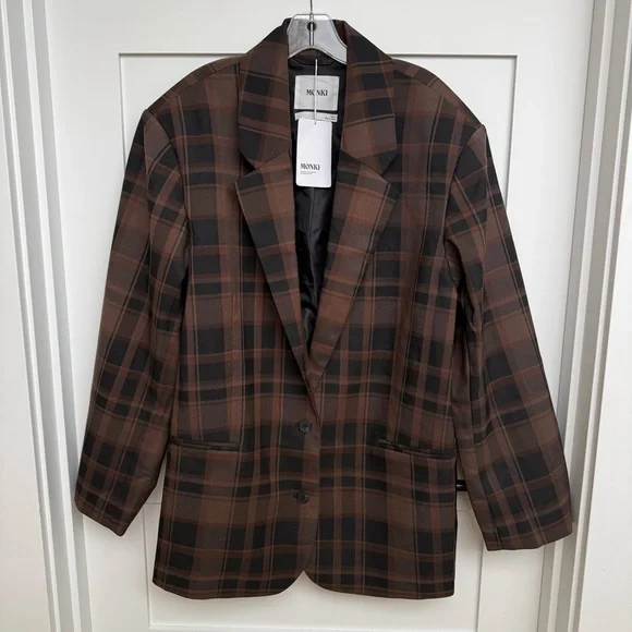Monki oversized blazer in brown check plaid women's jacket M - Picture 2 of 5